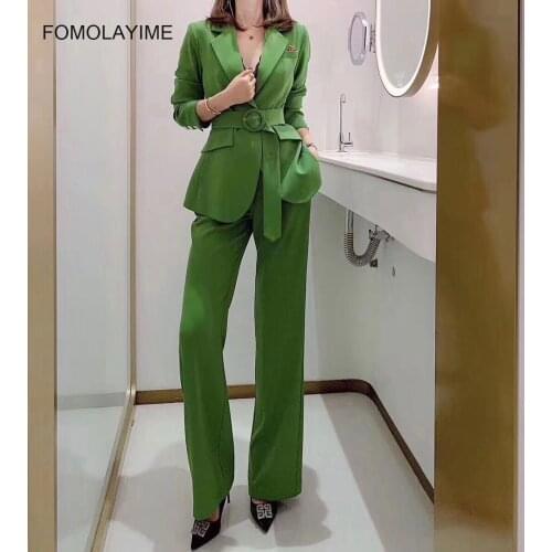 New Women Sets Spring 2020 Fashion Long-sleeved Blazers Suit Set Blazer and Wide-leg Trousers Two-piece Suit Set
