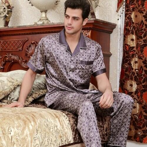 Mens Short Sleeve Nightwear 2pcs Adult Silk Pajamas Male Summer Homewear Short Sleeved Suit Home Furnishing Plus Size B-5844