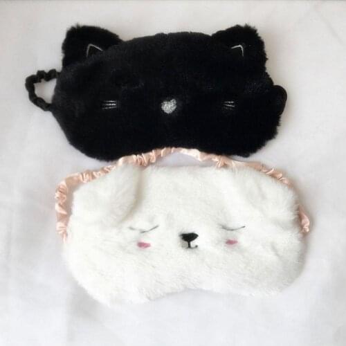 Japanese Style Unisex Plush Sleeping Eye Mask Cartoon Cat Black White Eyeshade For Travel Satin Dog Blinder Animal Lined Co Y8H1