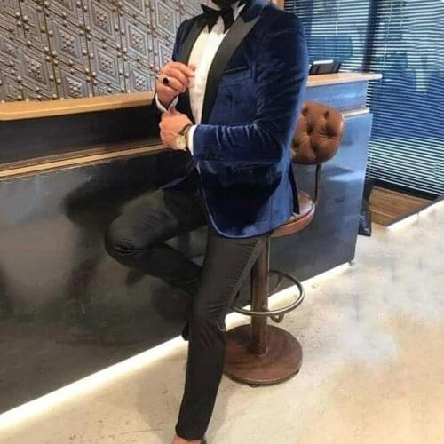 2021 Luxurious Dark Blue Velvet Costume Homme Men Suits Wedding Groom Black Peak Lapel Fashion Slim Fit Slim Fit Blazer 2 Piece