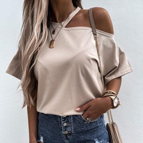 Sexy Off Shoulder Solid Tees Women Elegant Slash Neck Tops 2021 Summer Casual Fashion Short Sleeve One Shoulder Off T Shirt