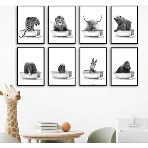 Bathroom toilet Animals Wall Art Print Giraffe Elephant Lion Leopard Canvas Painting Nordic Poster Wall Pictures Kids Room Decor