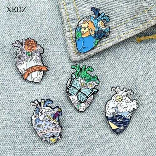 XEDZ Van Gogh rose flower butterfly pattern heart enamel brooch fashion personality organ heart sword ocean whale badge jewelry
