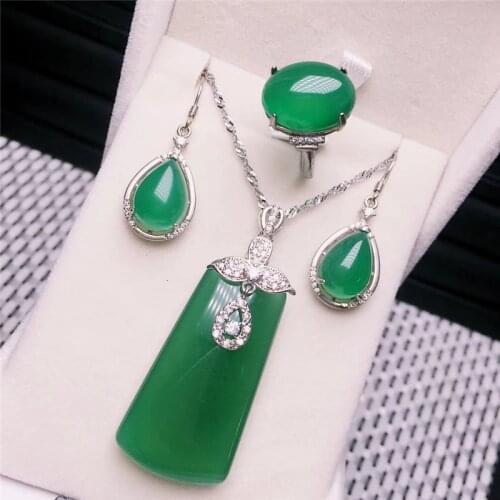 Jadery Fine Jewelry 925 Sterling Silver Jewelry Sets Natural Green Jade Necklace Earrings Ring Party Silver Jewelry Christmas