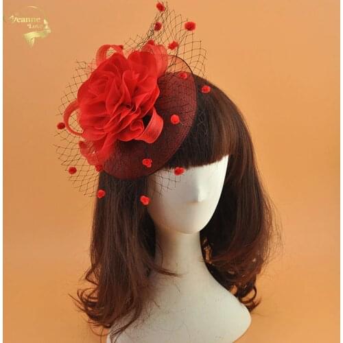 Red Women Bridal Hats And Fascinators Bride Headpiece Net and Flowers Lady Hats Veils For Women Wedding Party Prom Headwear