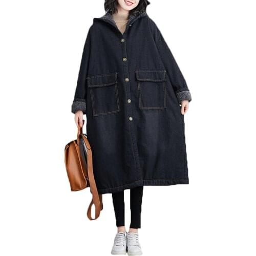 2021 Autumn Winter New Plus Velvet Thick Mid-length Loose Large Size Windbreaker Literary Casual Hooded Denim Trench Coats 101A