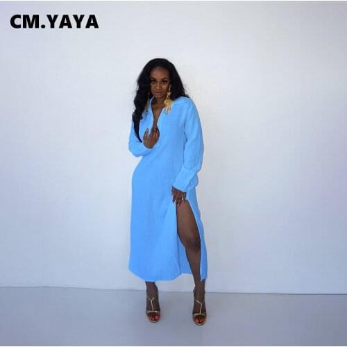 CM.YAYA Women Long Dress Solid Full Sleeve Turn-down Collar High Splited Loose Maxi Dresses Casual Vestidos Autumn Outfits 2021