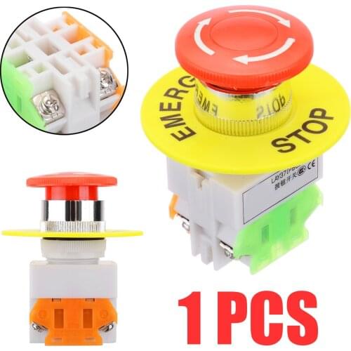 1Pcs AC 660V 10A Push Button Switch Self Locking Emergency Stop Push Button Switch with Red Mushroom Cap 1 NO + 1 NC
