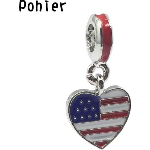 2Pcs USA Flag ,Red &Blue White Enamel Pendant European Beads Fit Charms Bracelets&Bangle DIY Jewelry