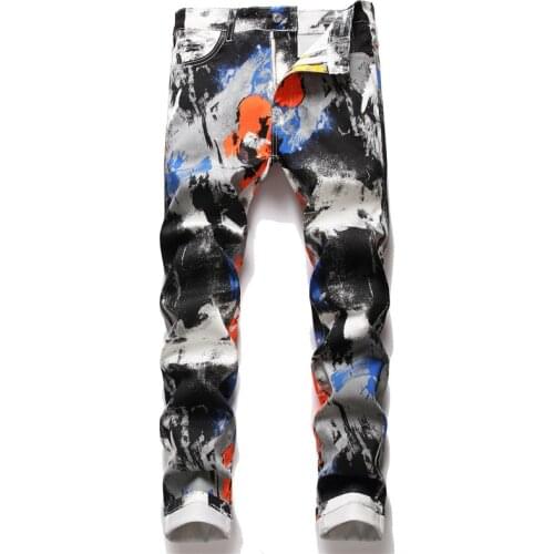2021 Autumn Spring Mens Streetwear HIP HOP Punk Stretch Print Bike Jeans Trendy Straight Denim Trouers