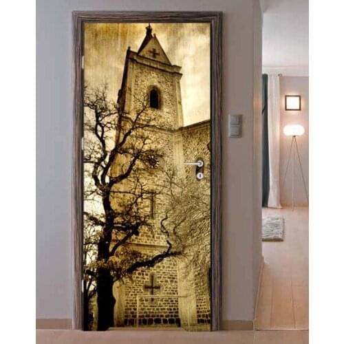 3D Door Sticker Ancient Church Wall Sticker DIY Door Cover Kitchen Home Decoration Accessories Modern 3d Wall Stickers