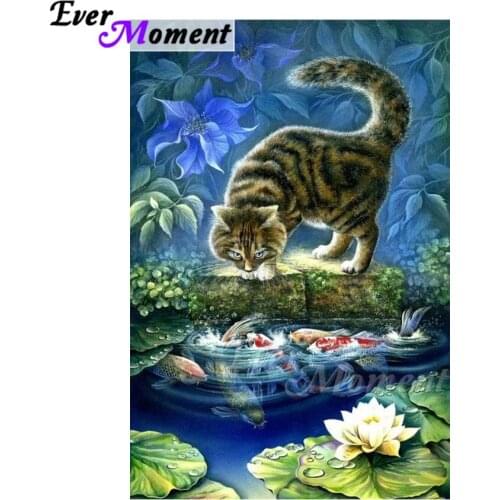 Ever Moment Diamond Painting Full Square Cross Stitch Cat Lake Koi Lotus Picture Of Rhinestone Diamond Embroidery ASF1884