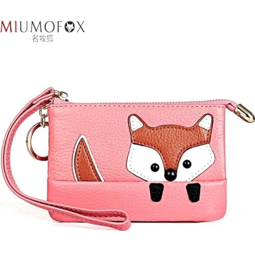 Brand Cartoon Wallet Women Slim Genuine Leather Cute Fox Coin Purses and Wallets Wrist Small Money Pouch with Key Ring Girl Gift