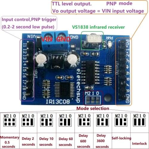 DC 5V 12V Multi-function VS1838 IR infrared control Switch Module for 8 Channel Delay Self-locking Inter-locking Relay Diy Board