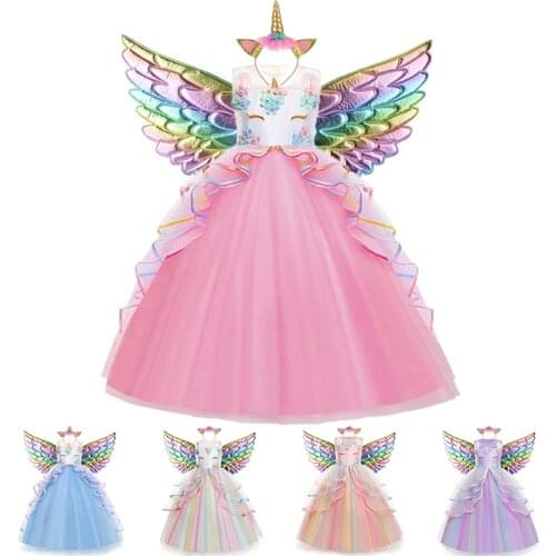 Long Girls Christmas Unicorn Princess Dress Children Wedding Party Floral Ball Gown For Kids Rainbow Birthday Costume 3-12 Years