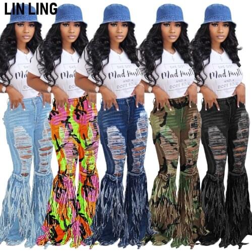 LINLING Tassel Frosted Button Personalized Fashion Ripped Pocket Jeans for Women Casual Flared Pants