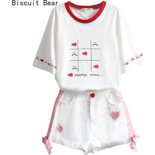 Summer 2 Pieces Sets Outfits Women White Cotton T-shirt Demin Skirt Suit Sweet T-shirt +Heart Embroidery Mini Skirt Clothes