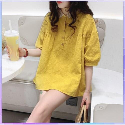 Solid Womens Cotton Linen Tee Shirt Embroidery Lace T-shirt Korean Sweet Ladies Tops Casual Loose short sleeve Tshirt Tunic
