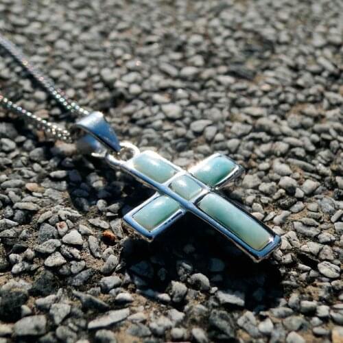 DJ CH Natural Larimar Gems Fine Jewelry Cross Pendant in 925 Sterling Silver, Genuine Gemstone Religious Crucfix Pendant Jewelry