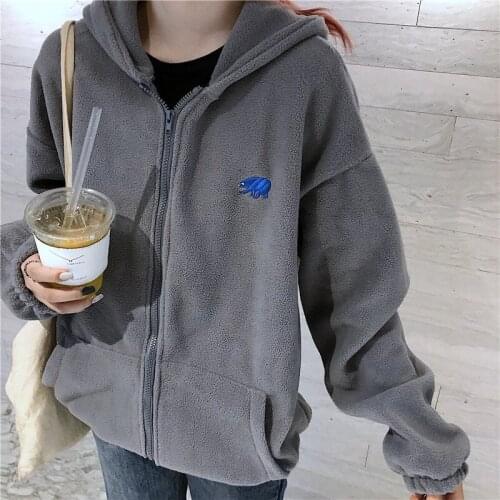 Zuolunouba Winter Fashion Women Hoodie Embroidery Little Bear Sweatshirt Long-sleeve Loose Warmth Cashmere Zipper Thick Coat