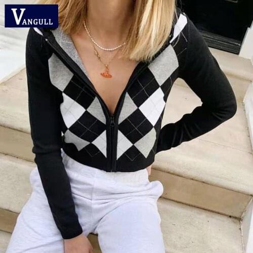 Vangull Vintage Diamond Plaid V-neck Long-Sleeved Cardigan Loose Zipper Hooded Cardigan knitted Cotton Casual Sweater Tops