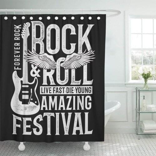 Guitar Rock Festival and Roll Sign Vintage Graphic Hand Shower Curtain Waterproof 60 x 72 Inches Set with Hooks