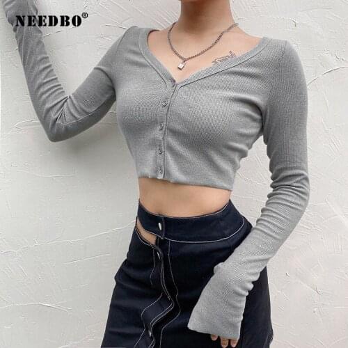 NEEDBO New Sexy Harajuku Women T-shirt Long Sleeve Tops Female Solid Korean Style Cardigan Casual Corset Top 2021 Fashion