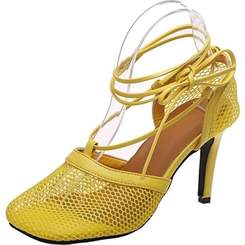 Roman High Heels Women 2021 New Fashion Summer Sandals Woman Thin Heel Indoor Sandal Womens Square Toe Lace Up Mesh Shoes