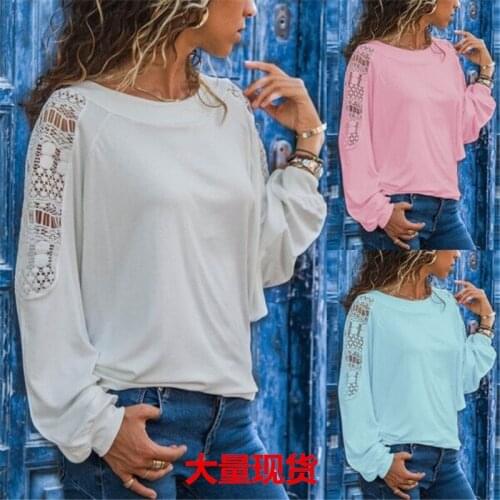 Woman Tshirts 2021 New Fashion 2021 Pure Color Long Sleeve Lace Hollow Out Stitching t-shirt Dropshipping LBD1501
