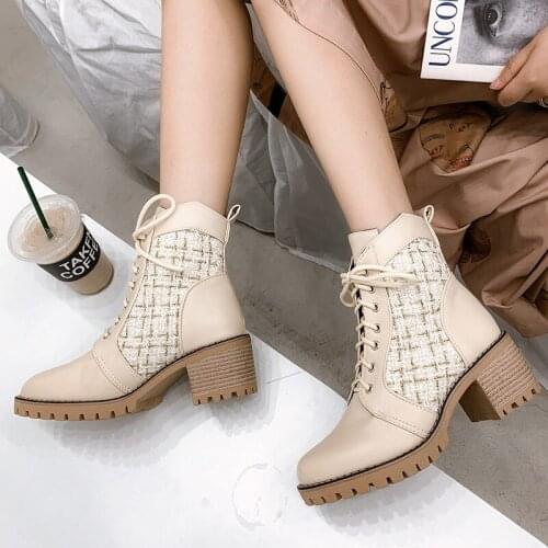 2021 Female Thick Square Chunky Block Heels Motorcycle Boots Women Big Size 45 Lace up Combat Military Boot Tweed Shoes for Lady