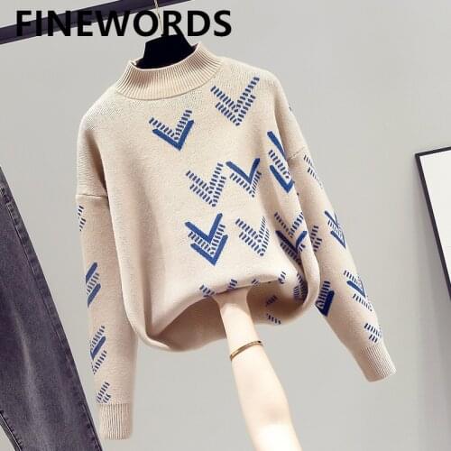 FINEWORDS Green Printed Turtleneck Women Sweater Autumn Winter Long Sleeve Jumper 2020 Knitted Loose Casual Pullover Femme Tops