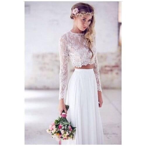 2018 brides New robe de mariee Listing O-Neck Long Sleeve Lace Vestido De Novia Beach Two Piece Bridal Gown bridesmaid dresses