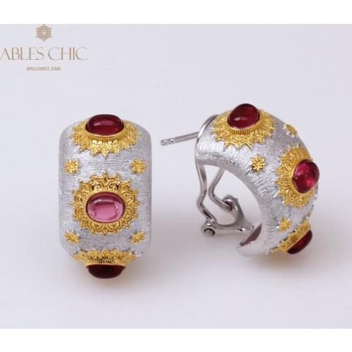 18K Gold Two Tone Garnet CZ Sunny Silky Earrings 925 Silver Wide Hoop Bright Fireball Earring Renaissance Jewelry C11E4S25152