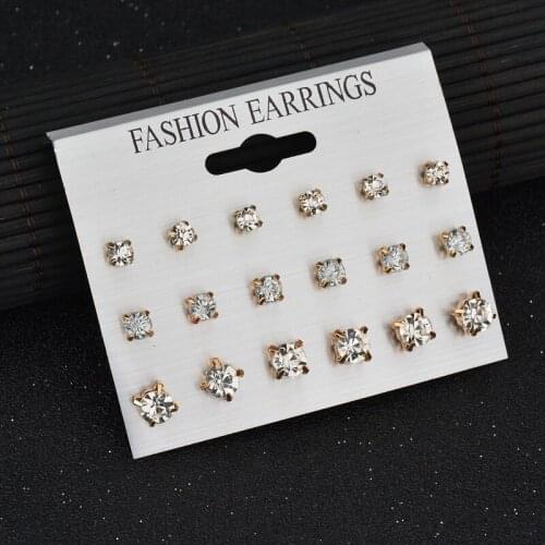 9 Pairs Korean Classic Irregular Different Size Round Square Rhinestone Inlaid Stud Earrings Set for Women Girl Ear Jewelry Gift