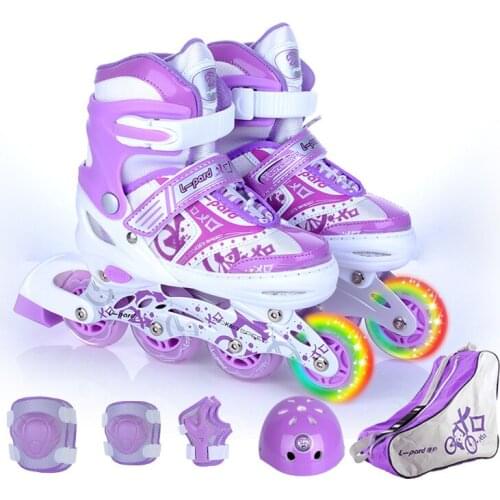 9 In 1 Children Inline Skate Roller Skating Shoes Helmet Knee Protector Gear Adjustable Washable Hard Wheels Teenagers 4 Colors