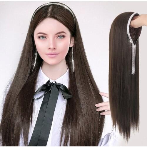 DIANQI 24 Inch Synthetic Long Straight Brown Black Wig With Hair Band Half a Headband Wigs for Women Hair