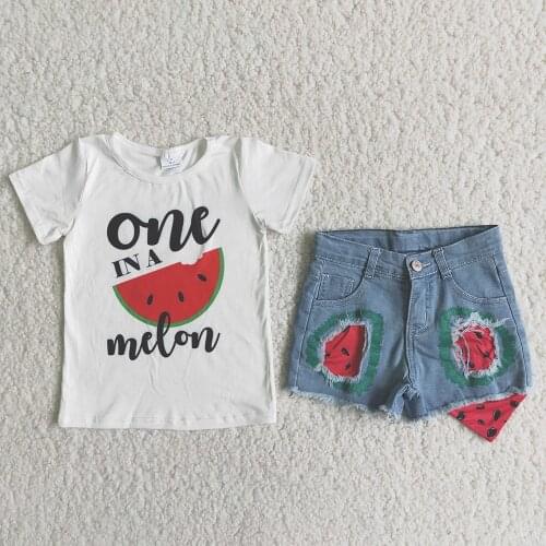 Wholesale RTS Kids Summer Fashion Outfits Toddler Girl Watermelon Print Top Stitching Denim Shorts 2Pieces Set