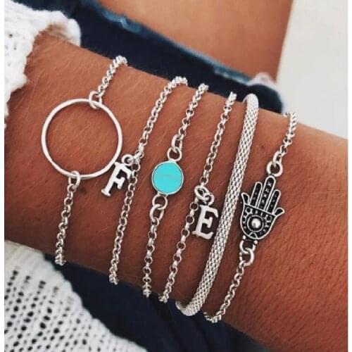 European and American Creative New Hand Jewelry with English EF Letter Circle Palm Bracelet Set Six-Piece Anklet for Women