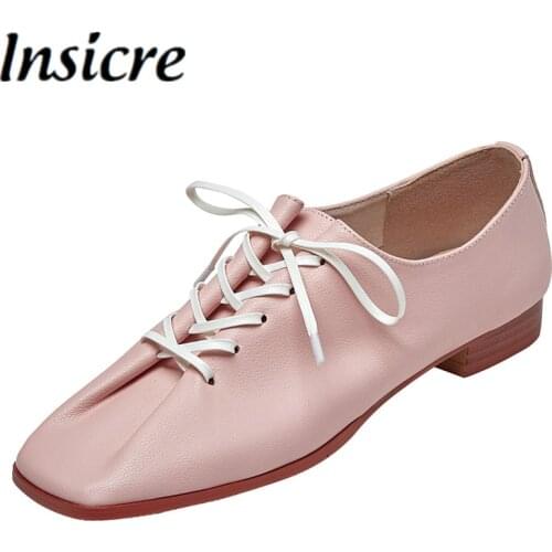 Insicre New Arrival 2021 Autumn Fashion Women Pumps Square Toe Lace Up Full Genuine Leather Big Size 43 Low Heels Shallow