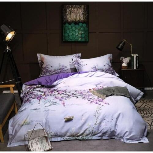 New luxury Tribute silk bedding set queen king size 60S bed set 4pcs 100% cotton duvet cover bed sheet sets printed purple pink