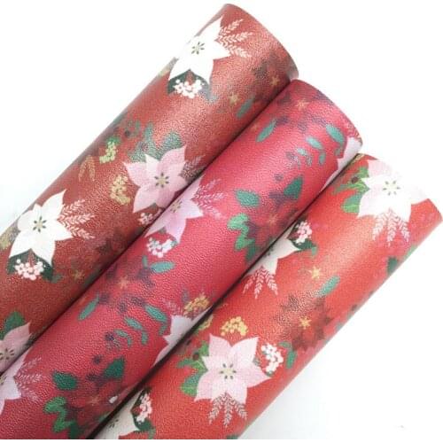 LEOsyntheticoDIY Christmas Flowers Printed Synthetic Faux Leather Fabric Sheets Felt Backing For DIY Bows 21X29CM R160