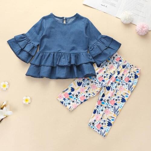 Hot summer new product 1-3 year old girl blue flared sleeve top + printed trousers two-piece suit