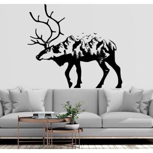 Deer Mountains Nature Wall Decal Deer Mountain Wall Sticker Pine Trees Mountains Vinyl Decal for Living Room Bedroom Decor C261