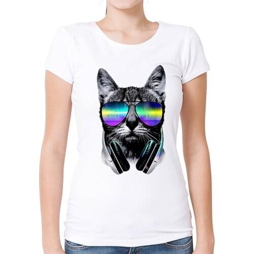 Newest 2019 Music Lover Cat T Shirt Summer Womens Animal White Printed T-Shirt High Quality Harajuku Short Sleeve Tee Tops