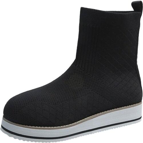 New Womens Platform Shoes Ankle Sock Boots Thick Bottom Solid Color Slip on Ladies Knitted Female Fashion Shoe Casual 2021