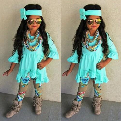 Babys Girls Clothes Long Sleeve Solid Color Dress Top +Legging Flowers Pants+Headband Outfit Kid Summer 3 Piece Set 1-6Y