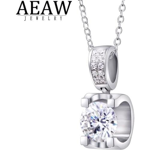 AEAW 1.0carat 6.5mm Round Excellent Cut DF Color VVS1 Moissanite Necklace Solid 18k White Gold Fine Pendant Neckllace For Lady