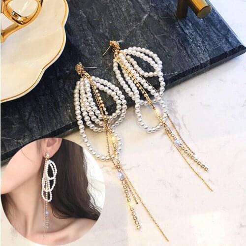 Gold Plated Dangle Hanging Pearl Rhinestone Long Drop Earrings For Women Baroque Pearl Charm Snake Chain Tassel Earring