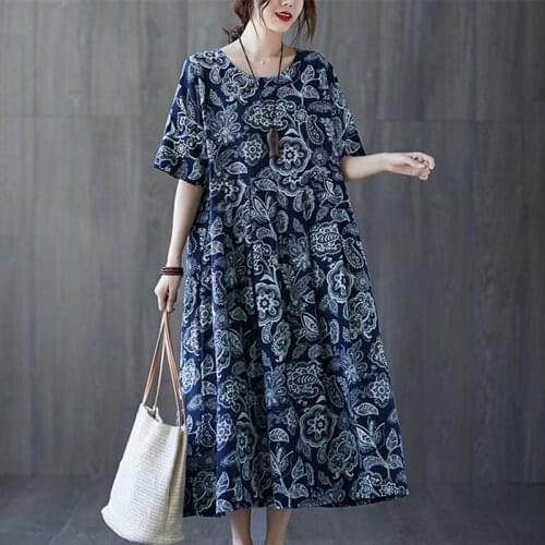 Short Sleeve Loose Summer Dress Cotton Linen Plus Size 5XL 6XL Women Dress Print Floral Vintage Dress Female Casual Long Dress