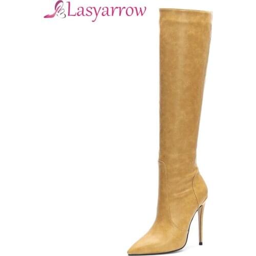 Lasyarrow Long Boots Women Shoes Zipper Super High Heel Over The Knee Boots Pointed Toe Thin Heels Thigh Boots Winter black